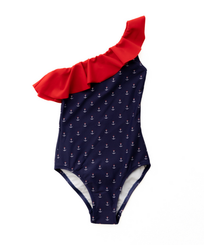 Girl's Anchors Aweigh Ruffle One Shoulder Swimsuit
