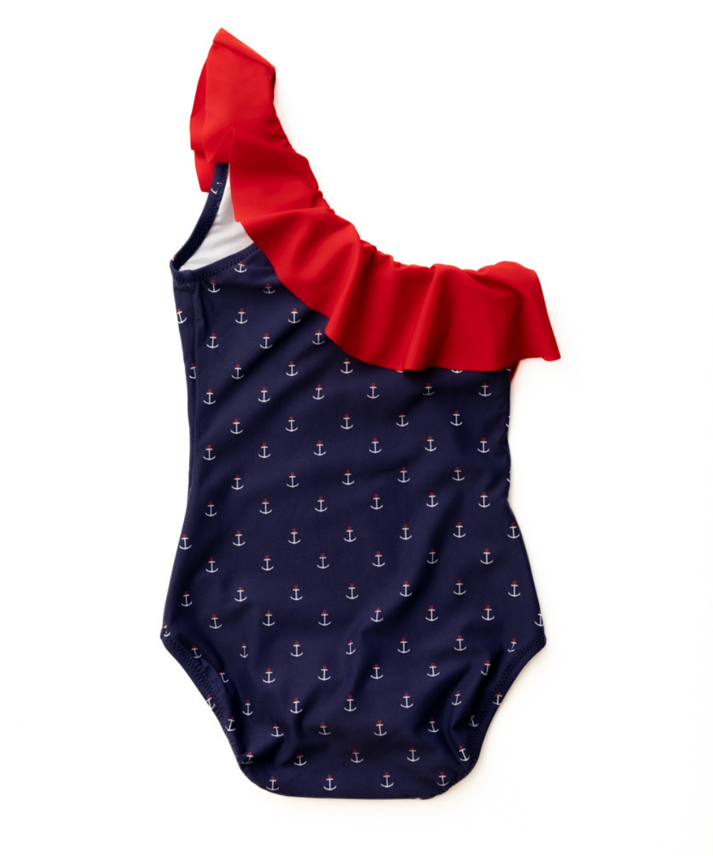 Girl's Anchors Aweigh Ruffle One Shoulder Swimsuit