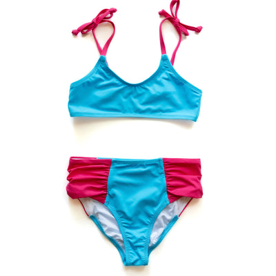 Girl's Miami Vibes Blue and Pink Tie Bikini