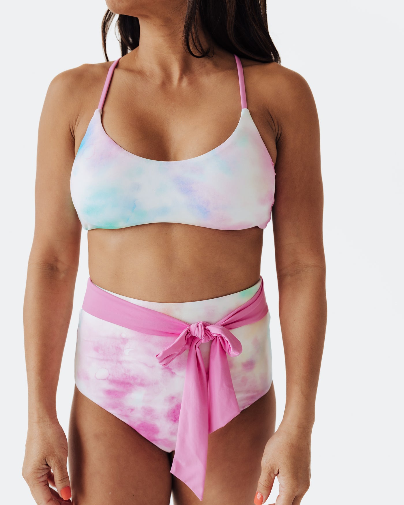 Women's Cotton Candy Tie Dye High Rise Bikini Bottom with Bow